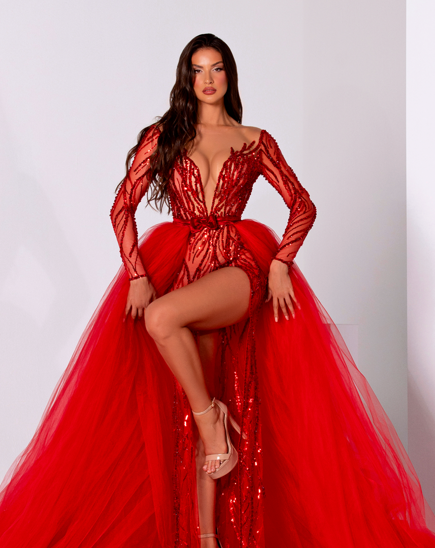 Scarlet Cascade - Red Long Dress with overskirt